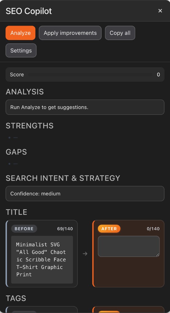SEO Copilot side panel on an Etsy listing with analyze results, score, and title suggestions