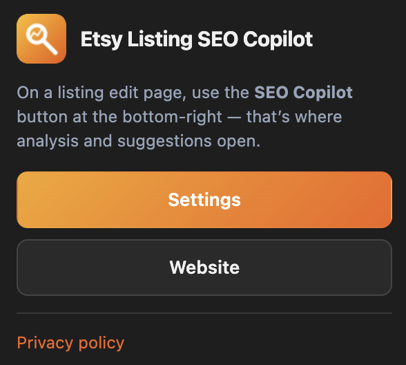 Etsy Listing SEO Copilot Chrome extension popup with Settings and Website links